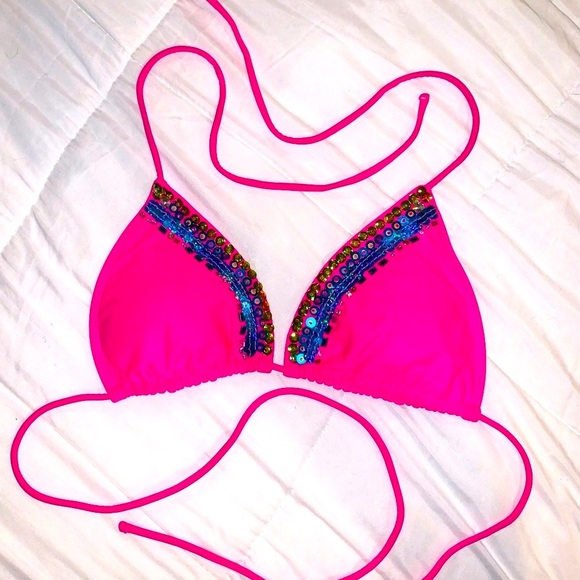 Vintage OP Vibrant Pink Sequin Bikini Top triangle Large - Picture 1 of 6